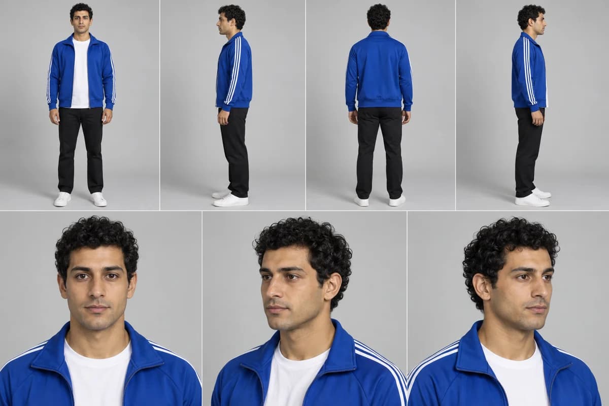 Seven views of the same blue-jacket character used as the appearance reference in the displayed generation experiment