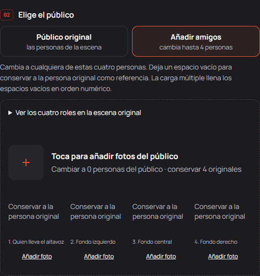 Selector Añadir amigos con cuatro roles opcionales del público