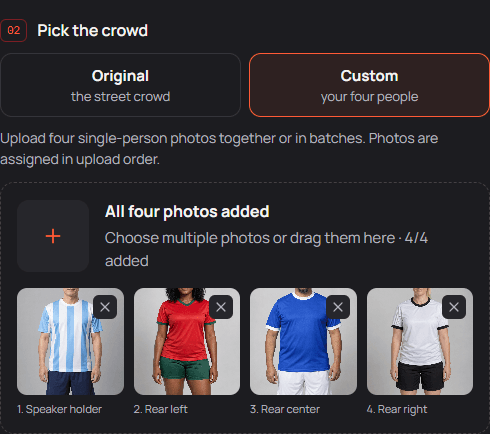 Custom crowd selected with four local photo previews assigned to Speaker holder, Rear left, Rear center and Rear right