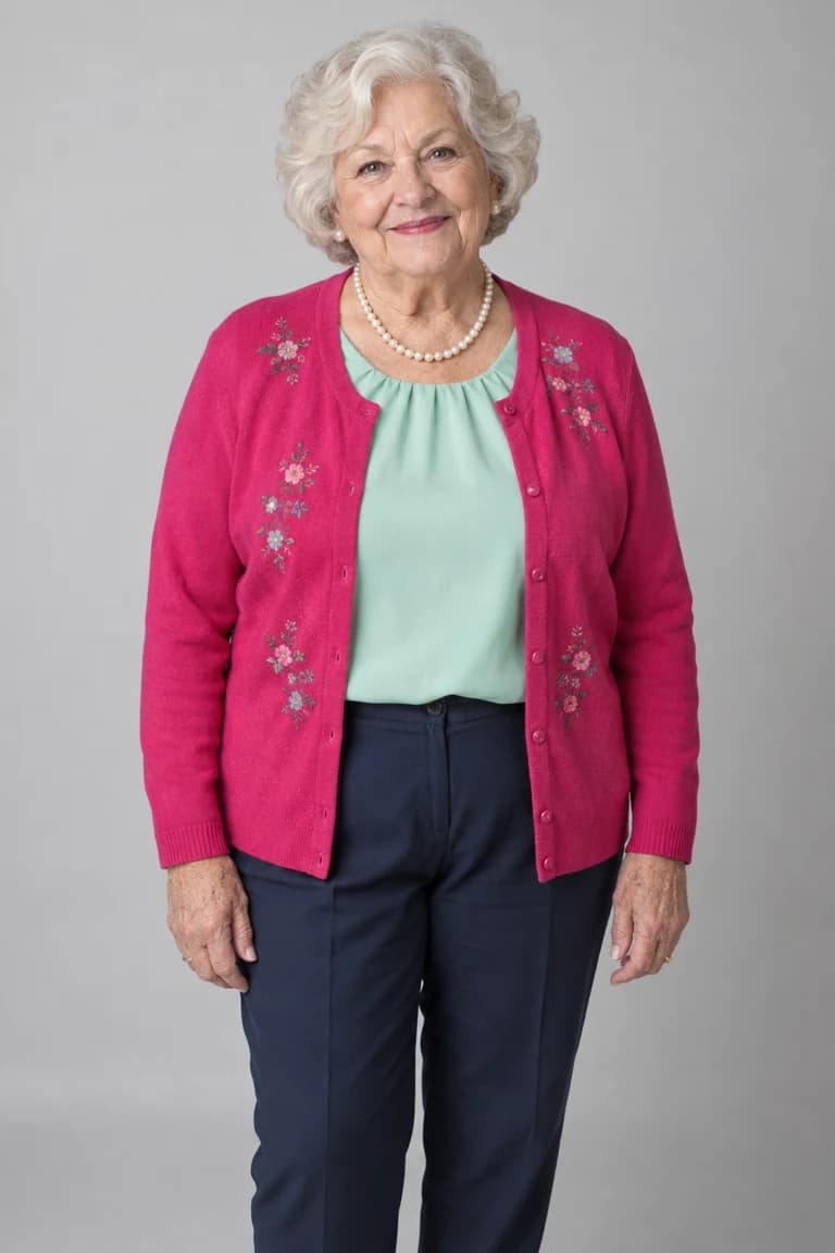The single fictional grandmother portrait supplied to the generator, with silver hair, a pink cardigan and a mint blouse