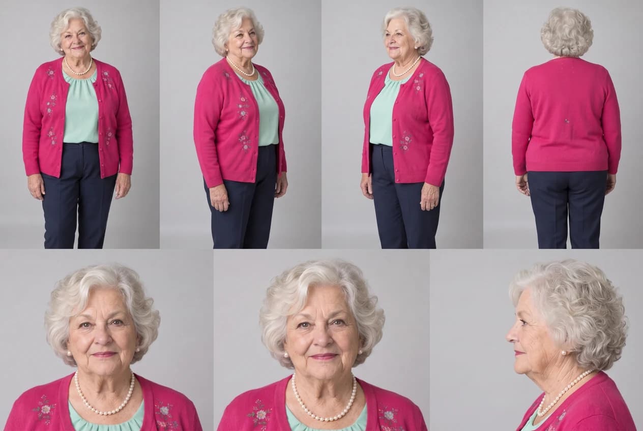 Multi-view reference generated from the single grandmother portrait before video rendering