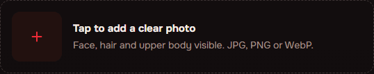 Actual photo-upload control asking for a clear face, hair and upper body in a JPG, PNG or WebP image