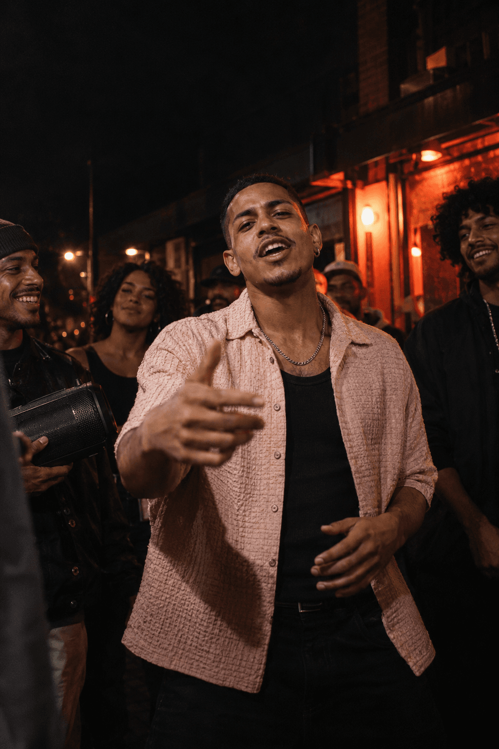 Fictional street freestyle scene with warm orange venue lighting
