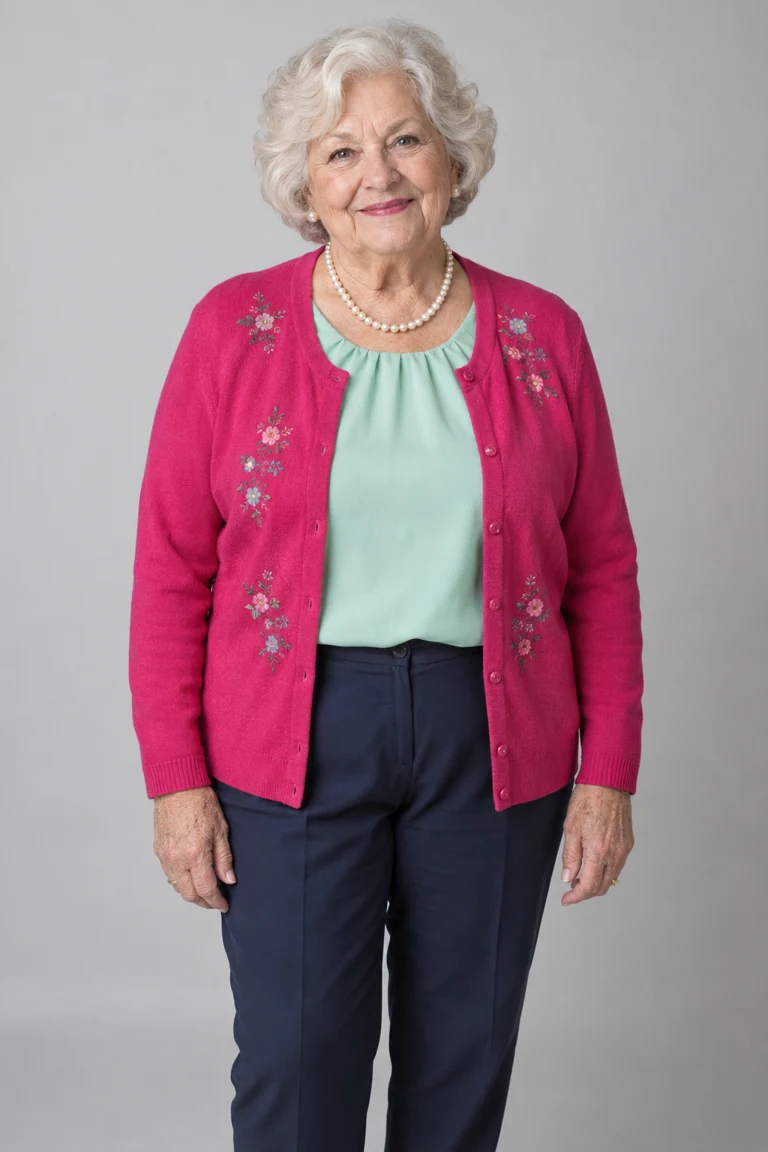 Demo input: a fictional adult grandmother with silver hair, a pink cardigan and mint blouse